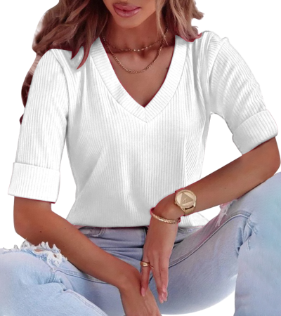 女罗纹长袖V领T恤LTW20539 - 螺纹坑条-210g/S