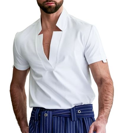 男竹节麻缺口V领短袖衬衫LTM100625 - 竹节麻-120g/S