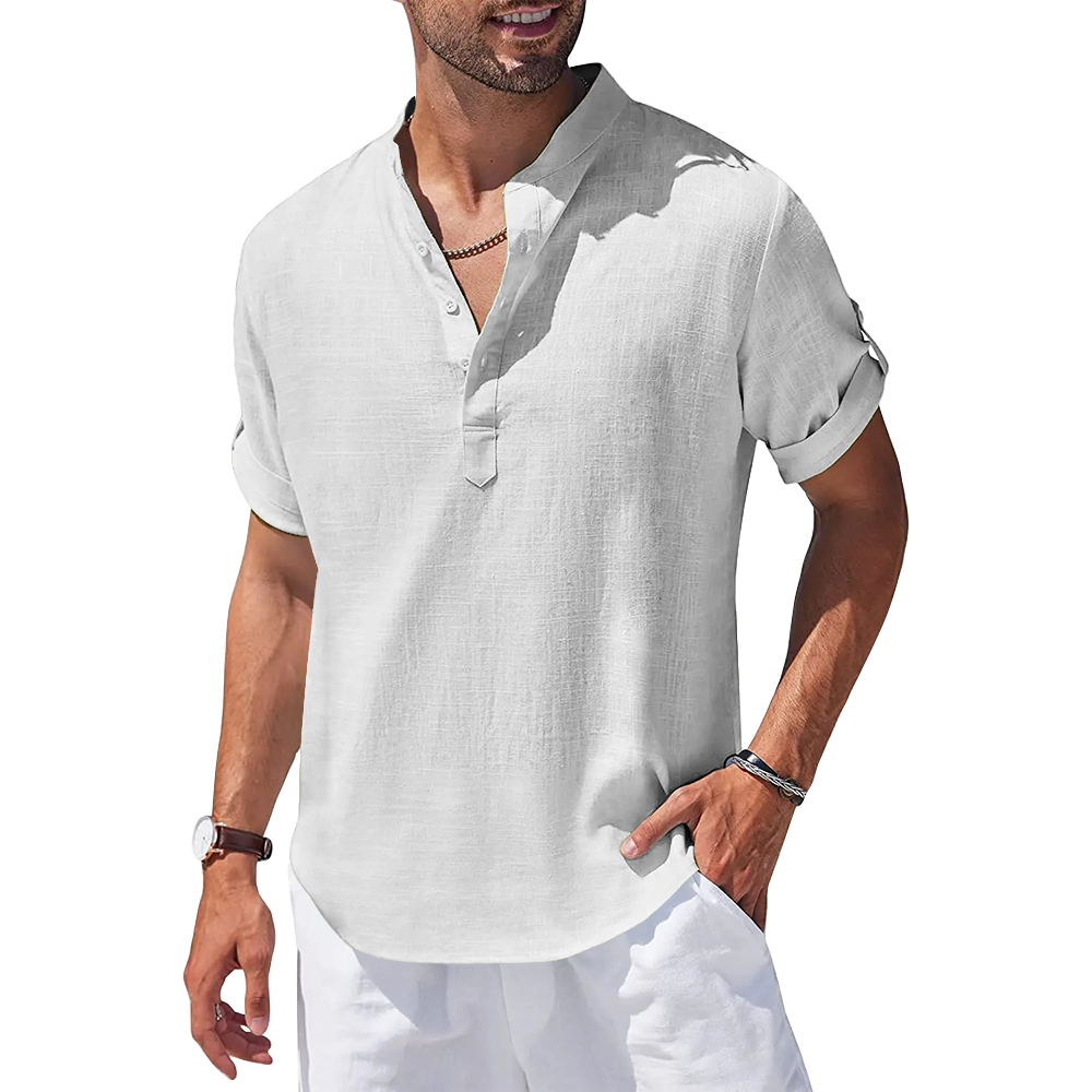 男竹节麻半门襟4粒扣立领短袖衬衫-LTMJ100617 - 竹节麻-120g/S