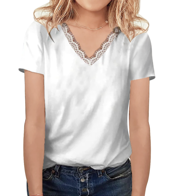 女数码印仿棉短袖V领短T恤蕾丝款-LTW20088 - 仿棉-180g/S