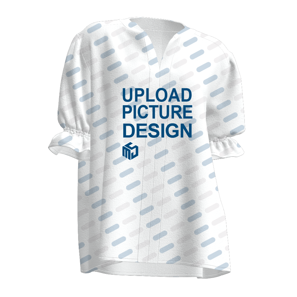 女士数码印V领缩褶短袖上衣-A0145X - 四面弹-120g/S