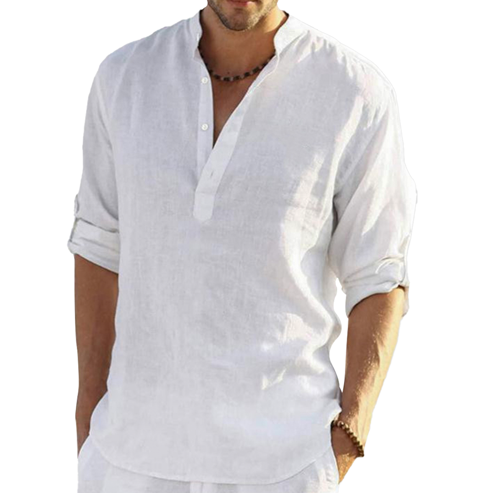 男半开襟有袖口肩缝立领长袖可调节衬衫-LTM100570S - 竹节麻-120g/S