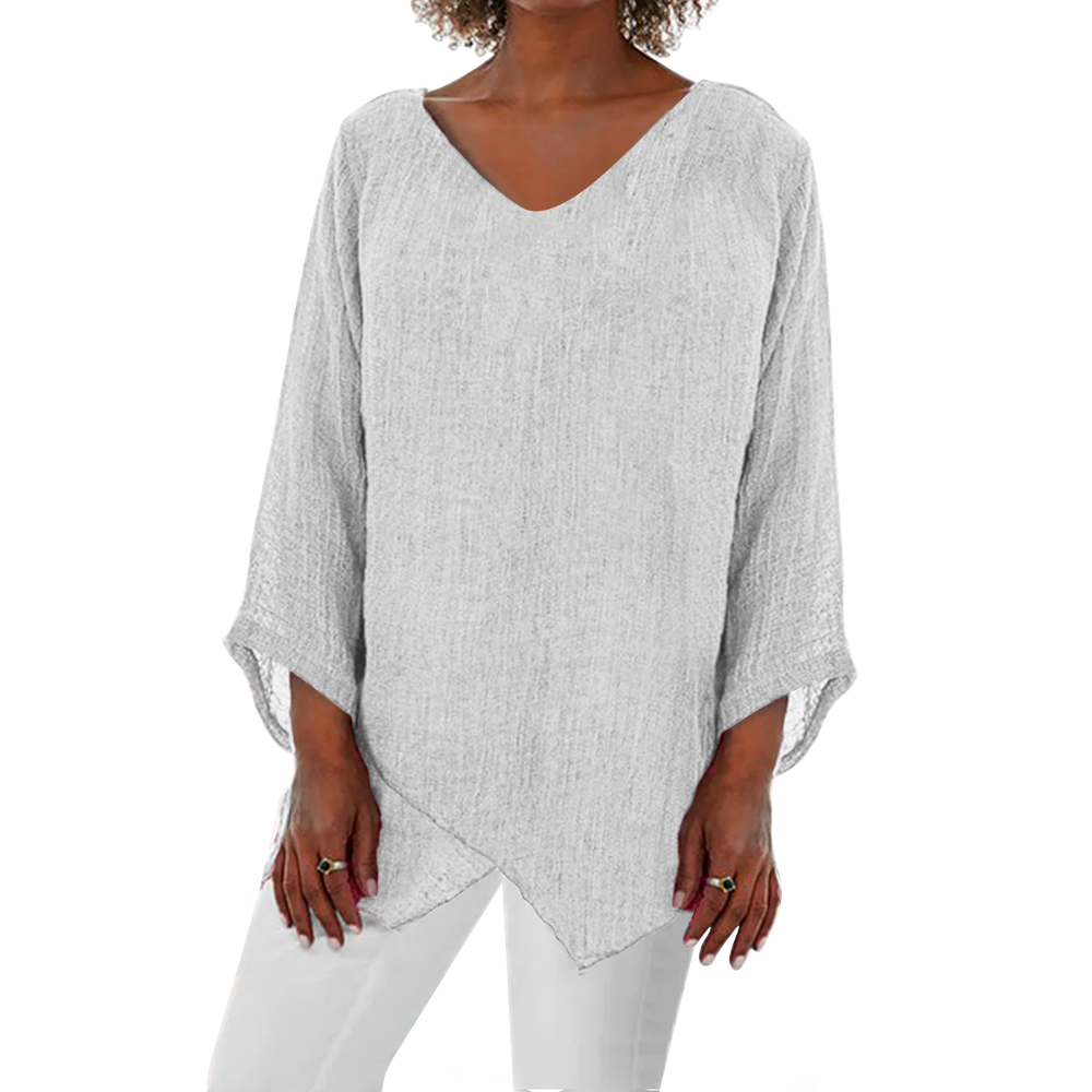  女衬衫数码印仿棉V领不规则下摆LTW20139 - 竹节麻-120g/S